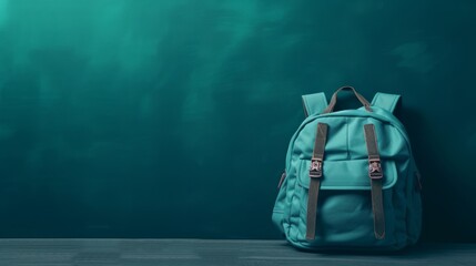 Stylish gray backpack with zippers and brown straps, ideal for school or travel, located on a dark turquoise background on a wooden surface