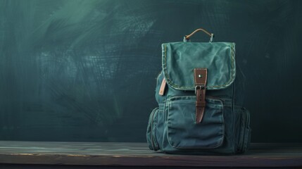 Stylish gray backpack with zippers and brown straps, ideal for school or travel, located on a dark turquoise background on a wooden surface - obrazy, fototapety, plakaty