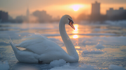 Obraz premium Swan on Hudson river ice in winter time, New York city.