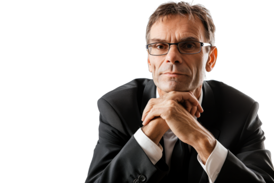 Mature Businessman with Arms Rested. Isolated Transparent PNG - Powered by Adobe