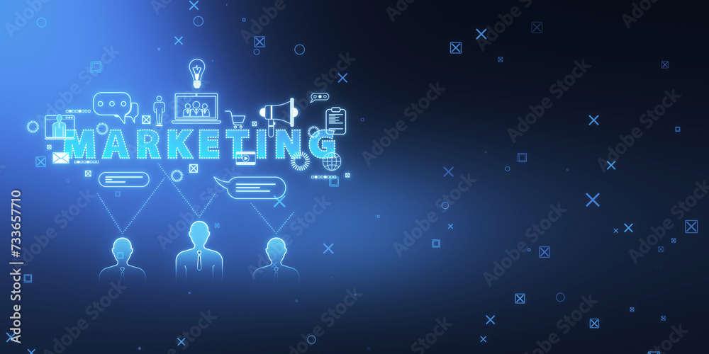 Poster creative marketing hologram with various icons on blurry blue backdrop. seo, media and analytics con