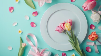 In the center there is a white plate on which pink tulip flowers and green stems are placed. Scattered around the plate are fresh tulip flowers in shades of pink and yellow along with green leaves.