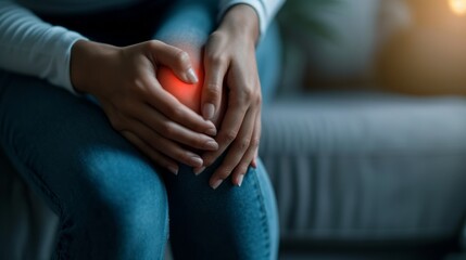 person experiencing knee pain, close-up of hands holding sore joint, health and medicine concept illustration with red highlighting indicating area of discomfort - obrazy, fototapety, plakaty