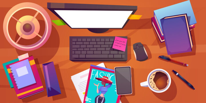 Top view on table with messy workplace. Cartoon flat lay of wooden desk with computer monitor and keyboard with mouse, book stack and notepad, cup of coffee and lamp, fashion magazine and mobile phone