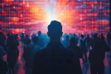 Distributed crowd of people standing in front of giant glowing screen with flash of light in the center