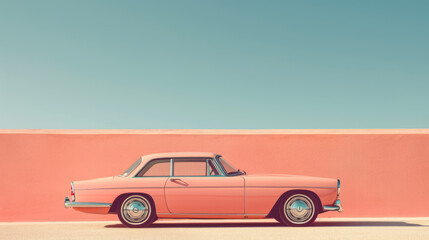 Vintage Peach Classic Car Parked by a Pastel Wall - Ideal for Retro Aesthetic and Automotive Themes