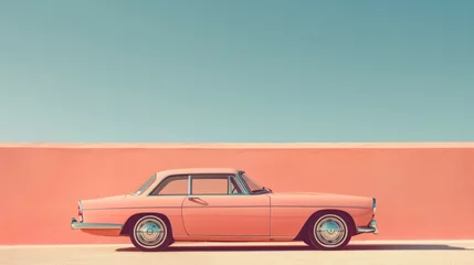 Crédence de cuisine en verre imprimé Voitures anciennes Vintage Peach Classic Car Parked by a Pastel Wall - Ideal for Retro Aesthetic and Automotive Themes