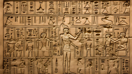 Ancient Hieroglyphic Wall Relief in Egyptian Art Portraying Pharaoh and Symbolic Inscriptions - obrazy, fototapety, plakaty
