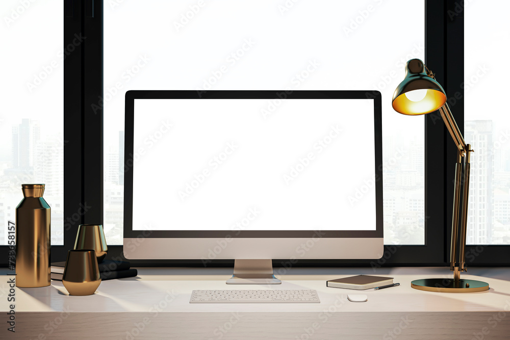 Poster Clean designer desktop with empty white computer monitor, lamp, supplies and other items. Window with city view in the background. Mock up, 3D Rendering.