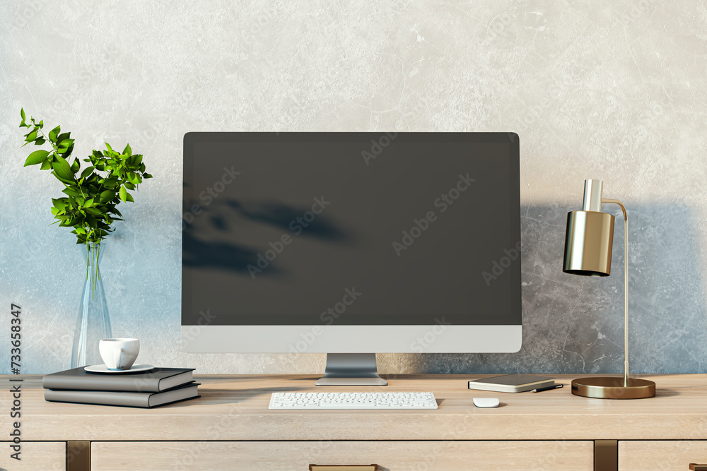 Poster contemporary designer desktop with empty computer monitor, lamp, supplies and other items. concrete 
