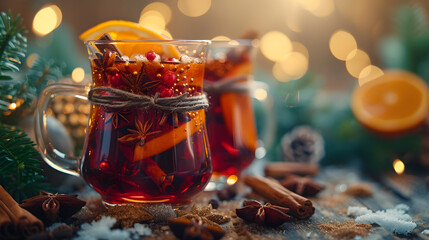 A glass of mulled wine with orange slices and spices, on a wooden table with a blurred background.