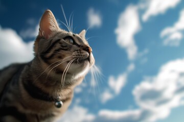 A close-up of a tabby cat wearing a collar, gazing upwards against a backdrop of a clear blue sky with fluffy clouds.
