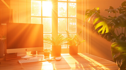 Sunny Home Workspace with PC and Indoor Plants - Freelancer's Nook