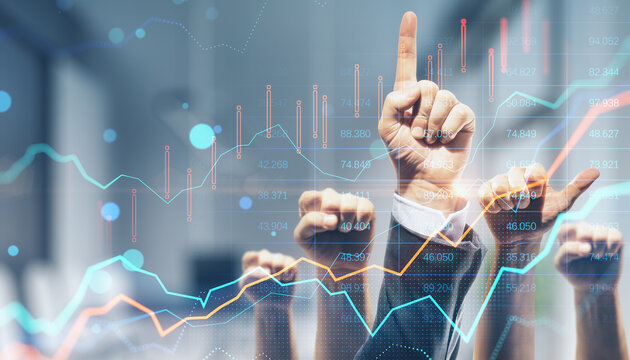 Various male and female hands showing thumbs up on blurry office interior background with forex chart.