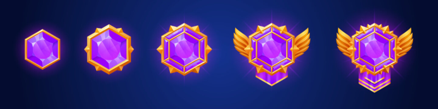 Process of golden badge with purple diamond evolution for game level rank ui design. Cartoon vector illustration set of progress steps growing of jewelry emblem reward or achievement insignia.