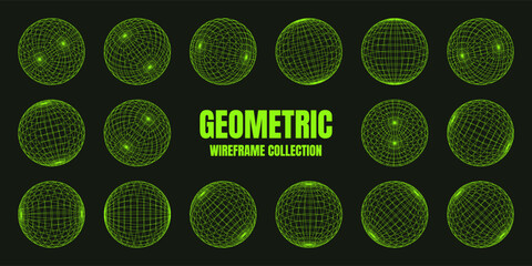 Wireframe shapes, lined sphere. Perspective mesh, 3d grid. Low poly geometric elements. Retro futuristic design elements, y2k, vaporwave and synthwave style. Vector illustration