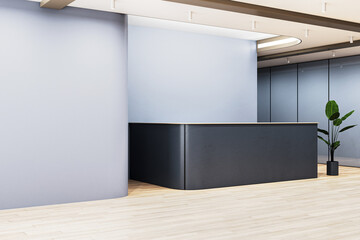 Contemporary office lobby interior with black reception desk and mock up place on concrete wall. 3D Rendering.