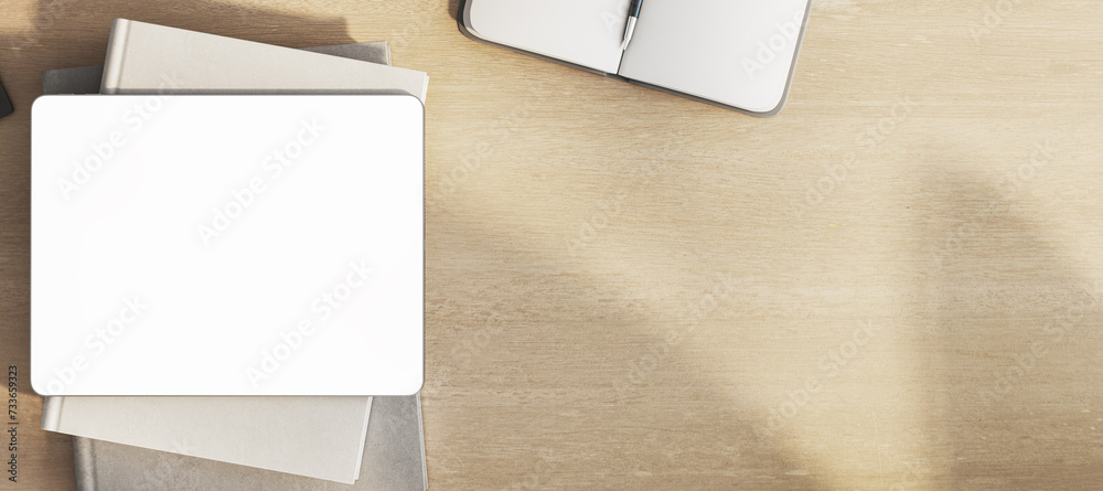 Poster top view of empty white pad on wooden office desk with supplies and equipment. mock up, 3d rendering