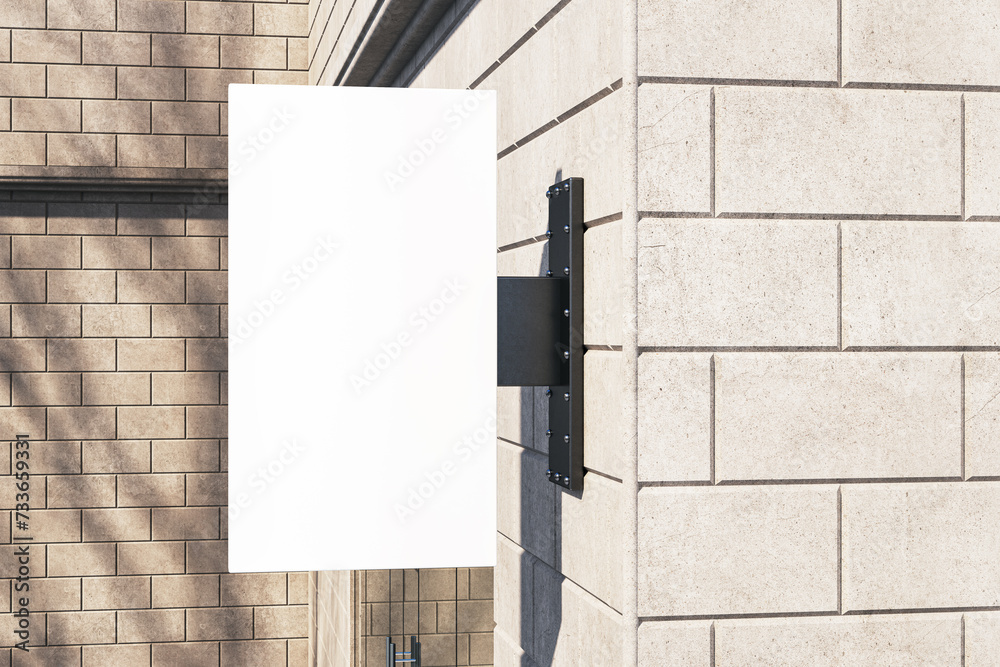 Poster Empty white rectangular mock up stopper on beige outdoor tile wall background with shadows. Advertisement and pub concept. 3D Rendering.