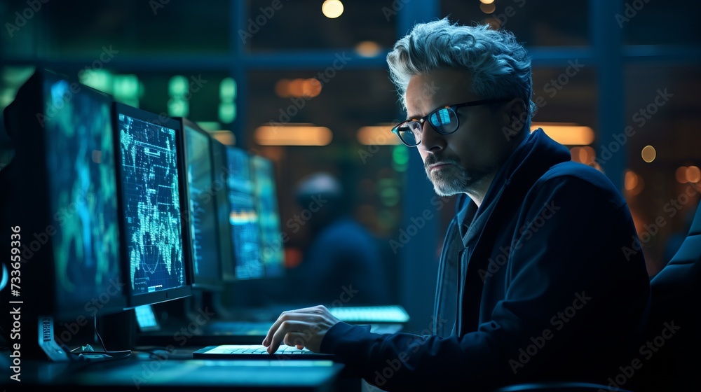 Poster A technical engineer, IT specialist working with multiple computer displays. A concerned professional programmer thinks about solutions to the problem in the System Control Center.