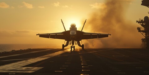 Fototapeta na wymiar Fighter jet prepares for takeoff on aircraft carrier deck against sunset backdrop.