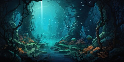 Naklejka na ściany i meble Deep under ocean with ecosystem