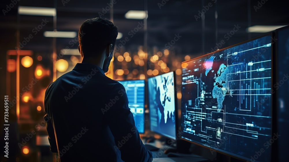 Poster A technical engineer, IT specialist working with multiple computer displays. A concerned professional programmer thinks about solutions to the problem in the System Control Center.