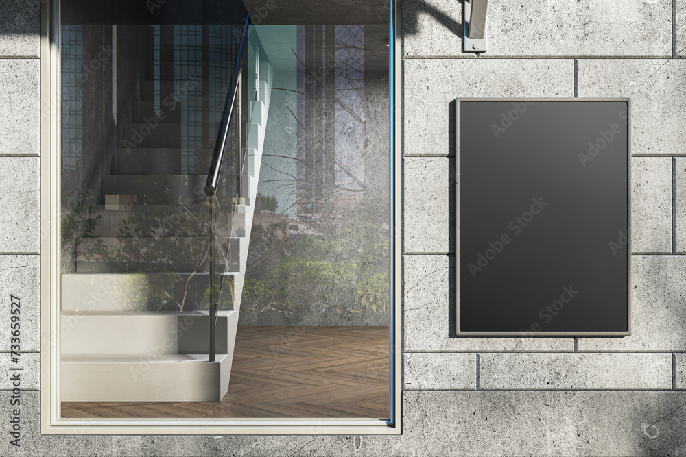 Poster Modern daylit glass storefront in concrete building with empty black mock up banner . 3D Rendering.