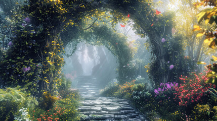 Enchanted garden pathway with blooming flowers and lush greenery. Fantasy and nature background. - obrazy, fototapety, plakaty