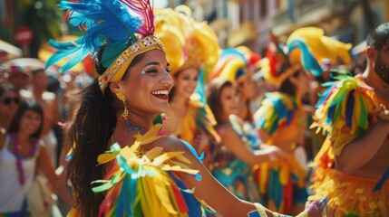Exuberant female dancer with an infectious smile radiates joy at a colorful street carnival, adorned in a festive costume.