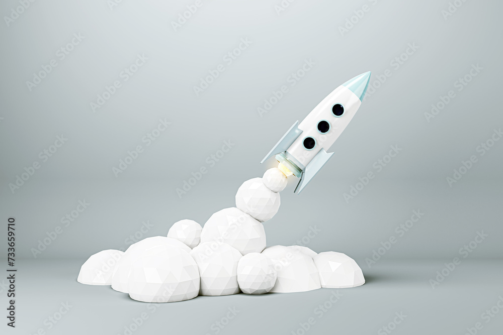 Aufkleber rocket launching, polygonal clouds on a gradient grey background. innovation concept. 3d rendering