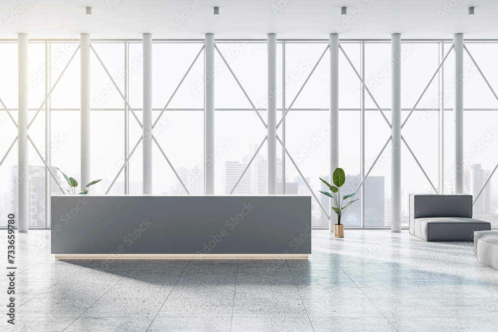 Aufkleber Bright office reception with large windows and urban skyline. Clean design. 3D Rendering