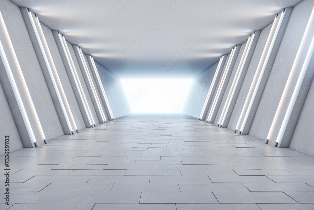 Poster modern spacious light tunnel interior with mock up place. 3d rendering.
