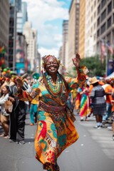 Fototapeta na wymiar Woman in traditional African attire dances joyously during an urban parade, her bright attire adding to the festive atmosphere.