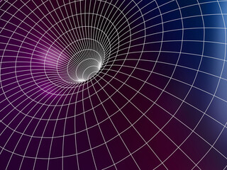 3d black hole or color wireframe wormhole. Futuristic neon laser grid tunnel, funnel or portal on dark background. Abstract geometric mesh, graphic illusion of line warp. Hyperspace. 3D illustration