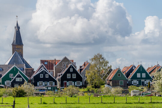 Panorama overview of Marken Village Holland Dutch island peninsula dike dike dam the IJsselmeer Marken on the IJsselmeer in the Netherlands. Municipality of Waterland in the province of North Holland.