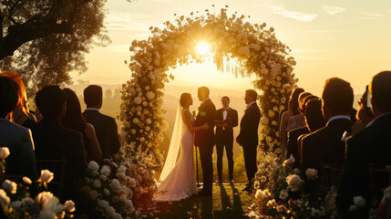 Bride and groom exchange vows in a sunlit outdoor wedding ceremony, framed by a floral arch and an intimate gathering.