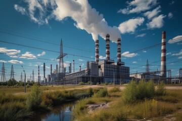 Fototapeta na wymiar Landscape view of an industrial power plant with smokestacks and clear blue sky.