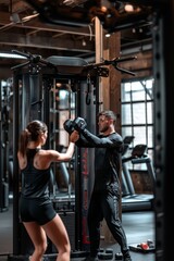 Fototapeta na wymiar Man and woman in athletic wear engaging in a high-intensity workout at a modern gym, showcasing strength and endurance.
