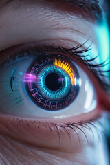 A close-up of a human eye with a futuristic cybernetic implant on iris, glowing with digital overlays and neon lights, evoking a sense of advanced technology and surveillance