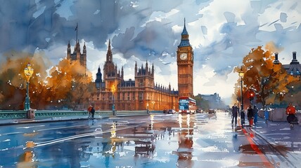 Watercolor painting of the streets of London - obrazy, fototapety, plakaty
