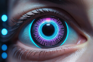 A close-up of a human eye with a futuristic cybernetic implant on iris, glowing with digital overlays and neon lights, evoking a sense of advanced technology and surveillance