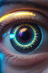 A close-up of a human eye with a futuristic cybernetic implant on iris, glowing with digital overlays and neon lights, evoking a sense of advanced technology and surveillance