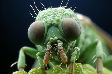 Ultra close-up of a green cricket's head, showcasing intricate details.