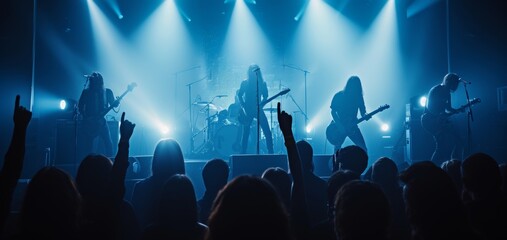 Rock band performs energetically on stage, illuminated by striking blue lights with a crowd of fans enjoying the music. - obrazy, fototapety, plakaty
