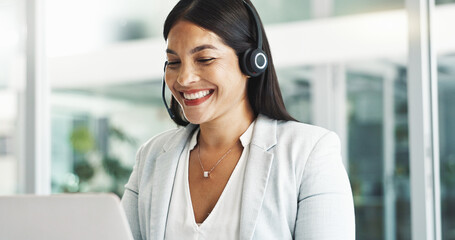 Business woman, call center consultant and laptop for customer service, support or advice in office. Professional Mexican advisor or happy agent in headphones for contact us or e commerce on computer - obrazy, fototapety, plakaty