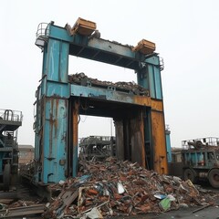 Massive blue scrap press machine with compressed metal waste at an industrial site.