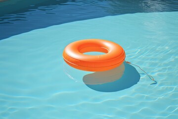 Obraz premium Bright orange pool ring floating on calm blue swimming pool water.