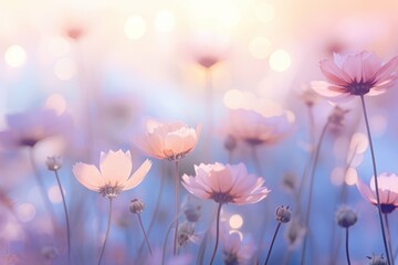 Cosmos flowers bathed in soft backlight creating a dreamy atmosphere.