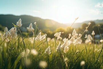 Gentle breeze through fluffy grass flowers in an idyllic countryside scene.
